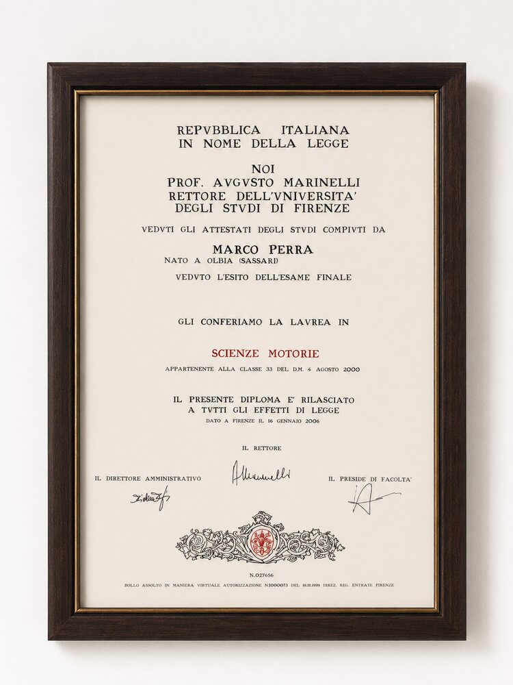University degree in Sport & Movement Sciences awarded to Marco Perra by the University of Florence, 16 January 2006