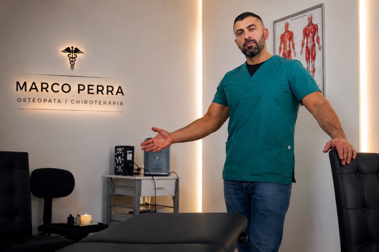 Dott. Marco Perra, osteopath and chirotherapist, welcoming patients beside the treatment table in his branded clinic in Olbia, Sardinia