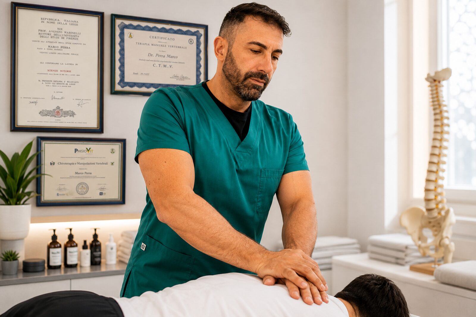 Dott. Marco Perra, certified osteopath and chiropractor, performing manual therapy on a patient in his Olbia studio in Sardinia, with his diplomas on the wall